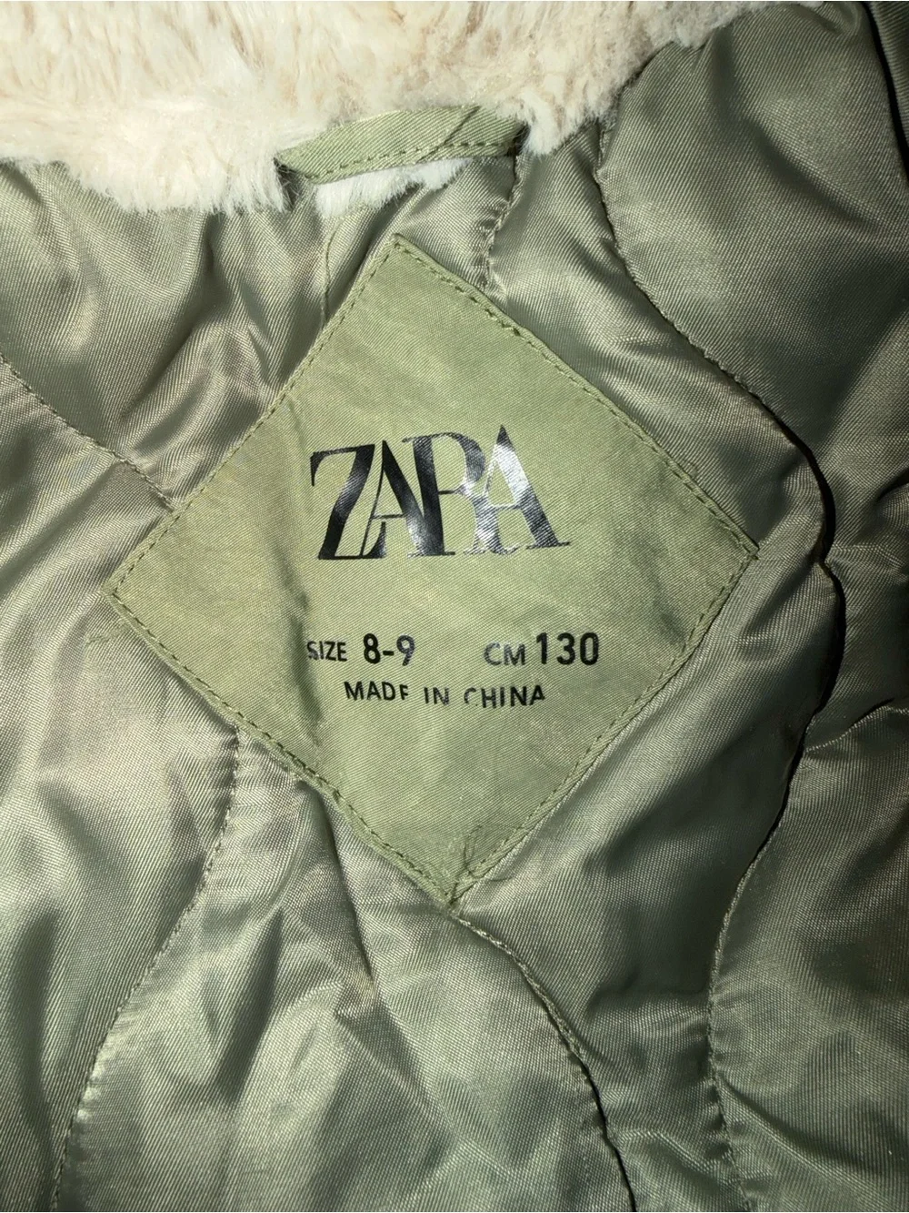 Zara Kids Olive Green Puffer Jacket with Faux Fur Collar